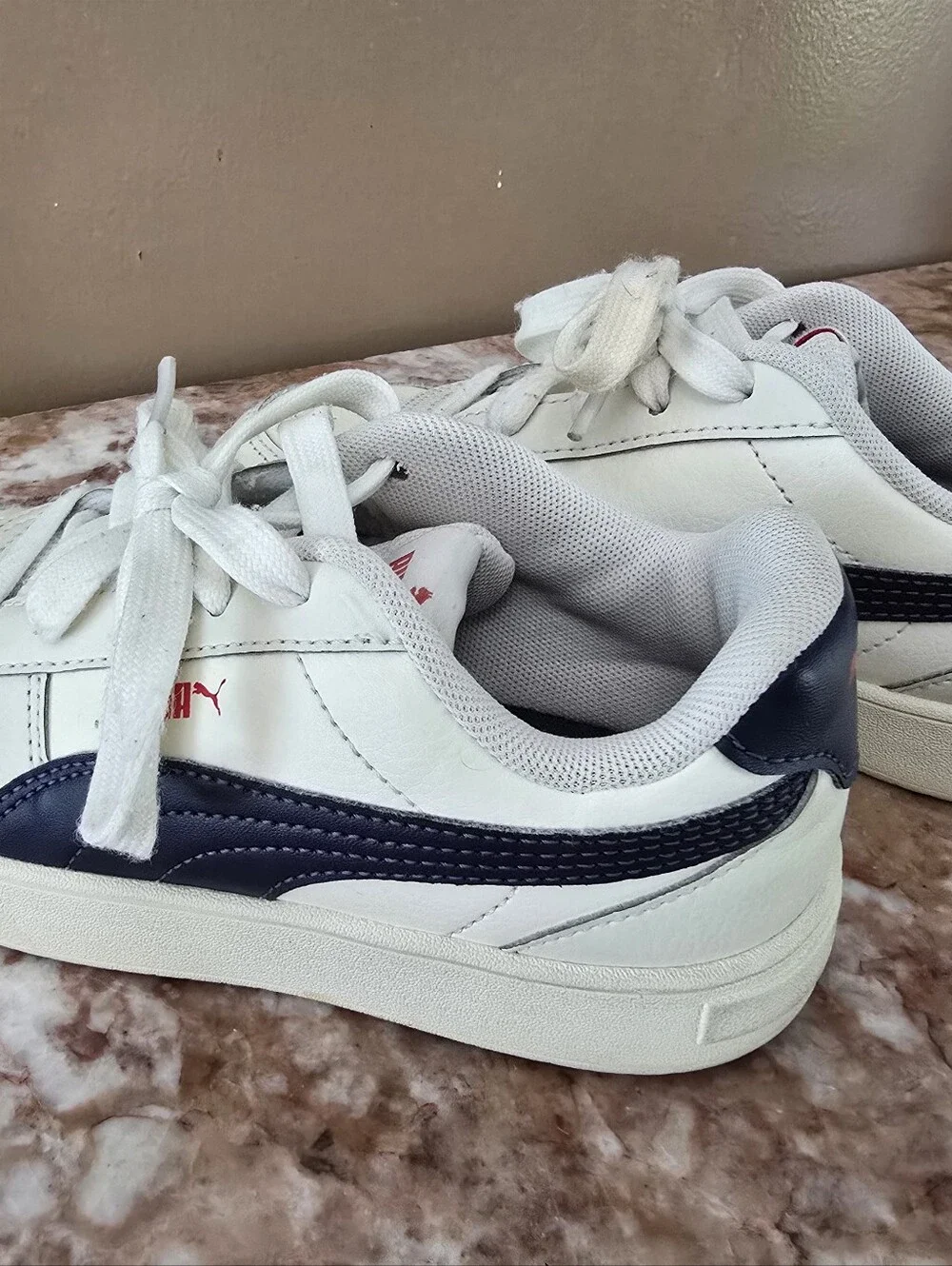 Puma Kids White Sneakers with Red Logo Accents Size 1C